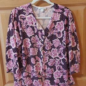 Coldwater Creek Plum/Mauve Floral Cardigan Sweater with 3/4 Sleeves